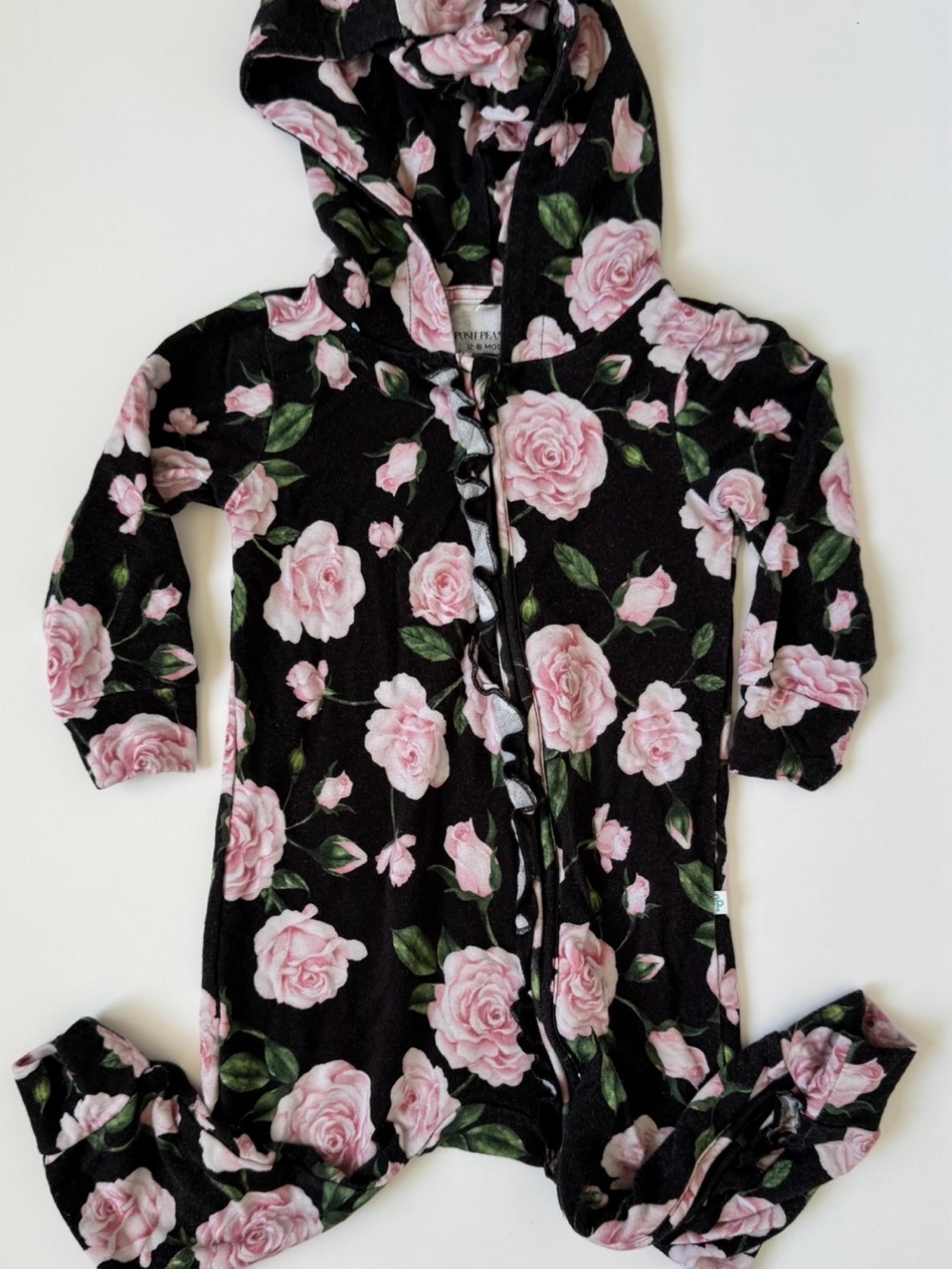 Posh Peanut - Black Hooded One-Piece with Pink Rose Floral Print